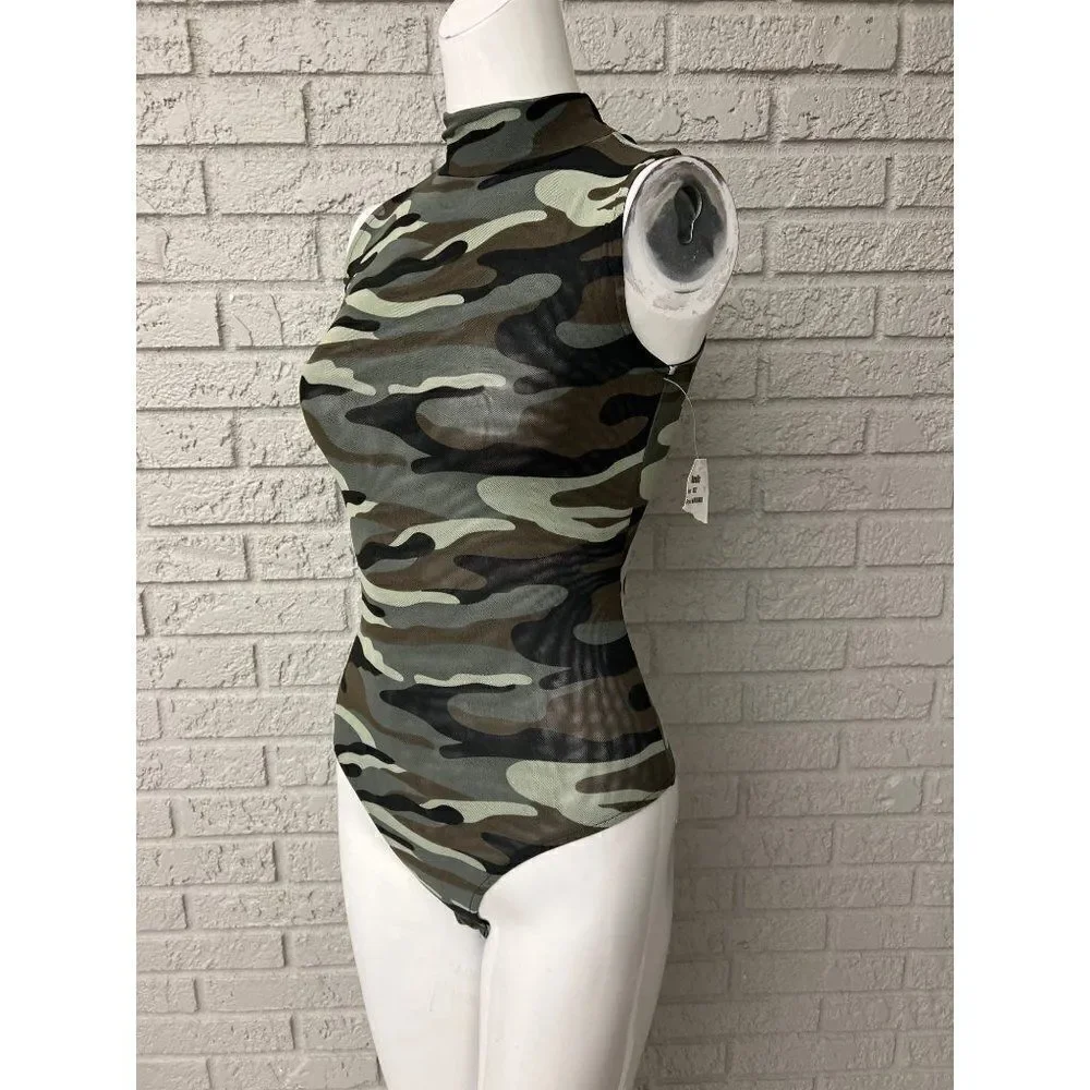 Derek Heart Women High Neck Mesh Camo Bodysuit Size S